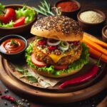 Burger vegetale di quinoa e fagioli neri, servito con insalata e salsa piccante