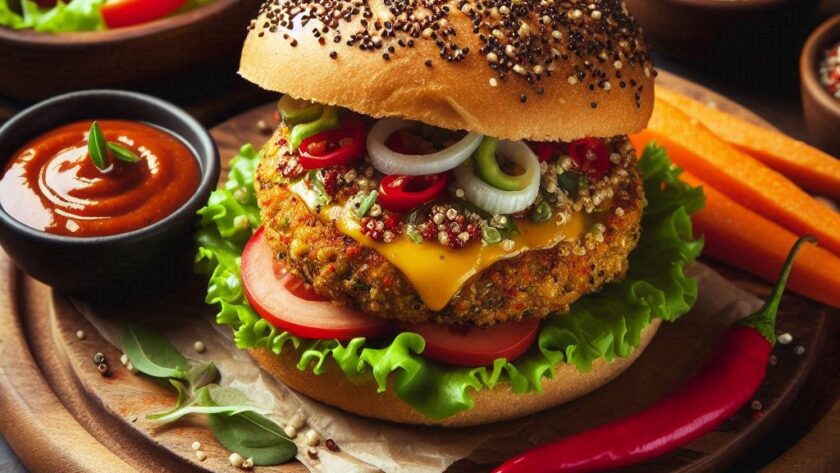 Burger vegetale di quinoa e fagioli neri, servito con insalata e salsa piccante