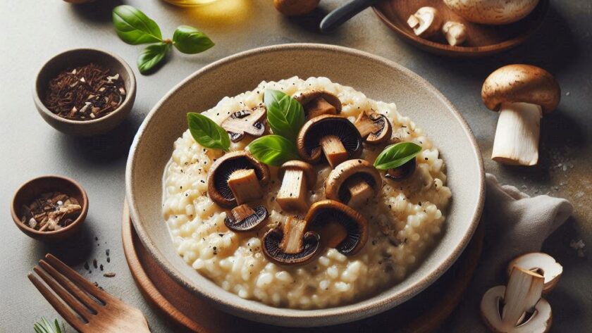 Risotto cremoso con funghi porcini freschi, perfetto per pranzi eleganti