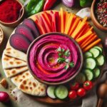 Hummus colorato a base di barbabietola, servito con verdure fresche e pane pita