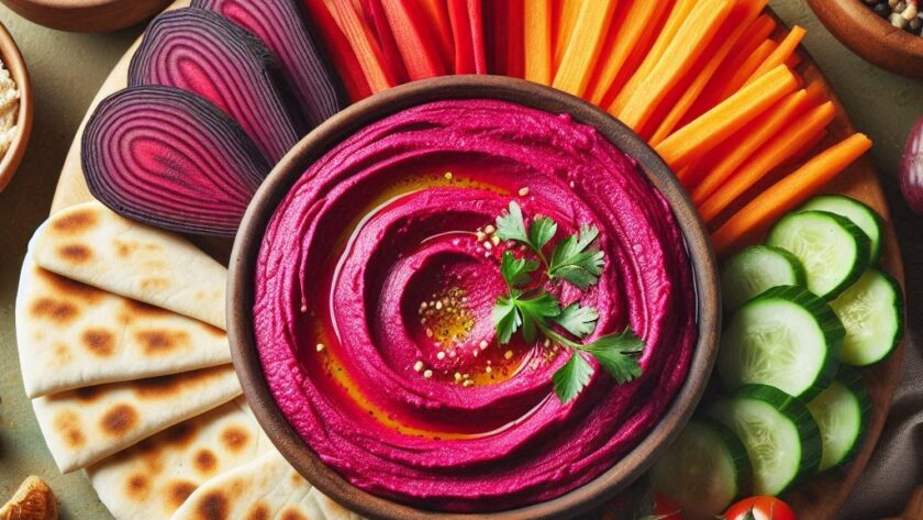 Hummus colorato a base di barbabietola, servito con verdure fresche e pane pita