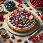 Crostata con Crema di Mandorle e Frutti di Bosco; una base croccante di pasta frolla vegana farcita con crema di mandorle e guarnita con frutti di bosco freschi