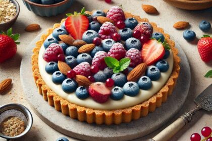 Crostata con Crema di Mandorle e Frutti di Bosco; una base croccante di pasta frolla vegana farcita con crema di mandorle e guarnita con frutti di bosco freschi
