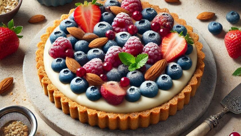 Crostata con Crema di Mandorle e Frutti di Bosco; una base croccante di pasta frolla vegana farcita con crema di mandorle e guarnita con frutti di bosco freschi