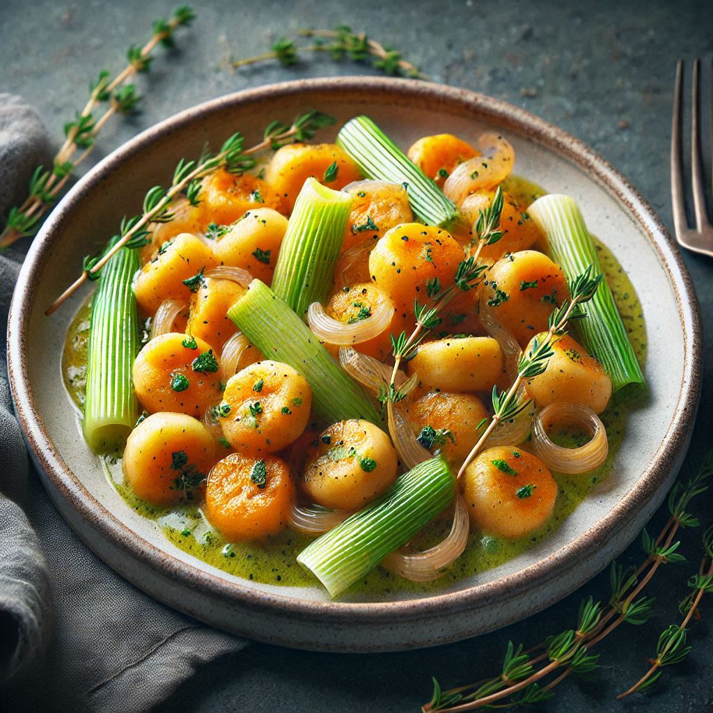 Gnocchi di Patate Dolci con Salsa al Porro e Timo