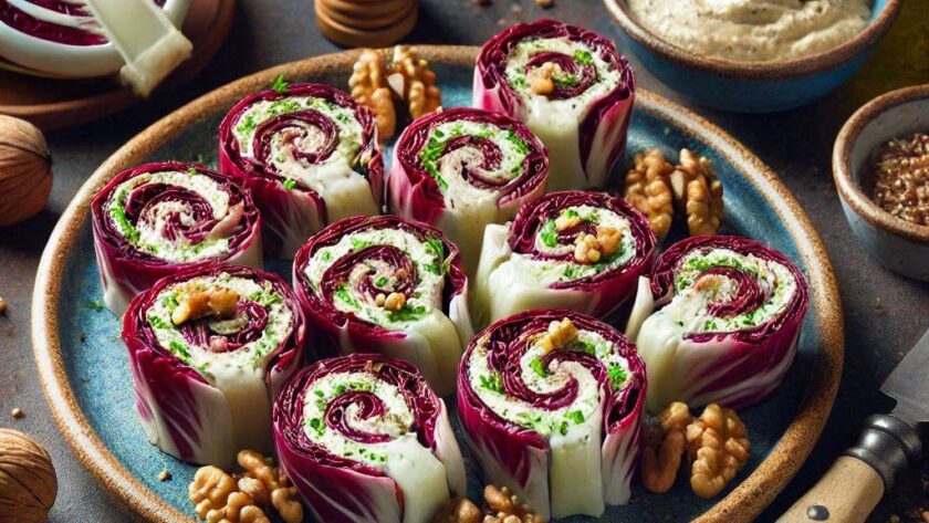 antipasto vegano: Involtini di Radicchio con Crema di Noci