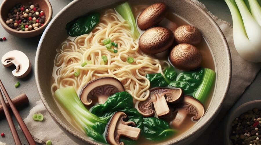 Primo piatto vegano per l'Anno del Serpente: Zuppa di Noodles con Funghi Shiitake e Bok Choy